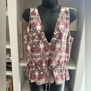 INTERMIX Burgundy and Cream Patterned V-Neck Silk Tank